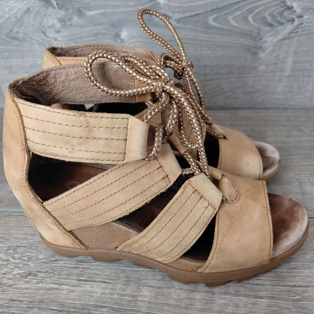 SOREL Sandals Womens 6.5 Tan Joanie II Leather Strappy Lace Up Wedge Heel Shoes